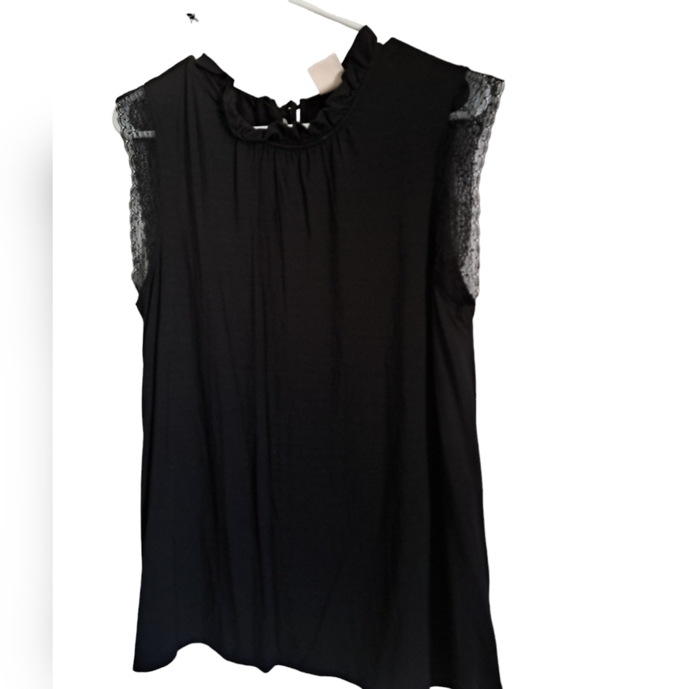 MATILDA JANE Good Hart black tank top lace edging mini ruffle drawstring collar